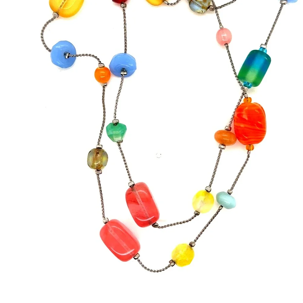Lia Sophia Multi Color Bead Station Necklace Silver Tone Long 38 Inch Boho
